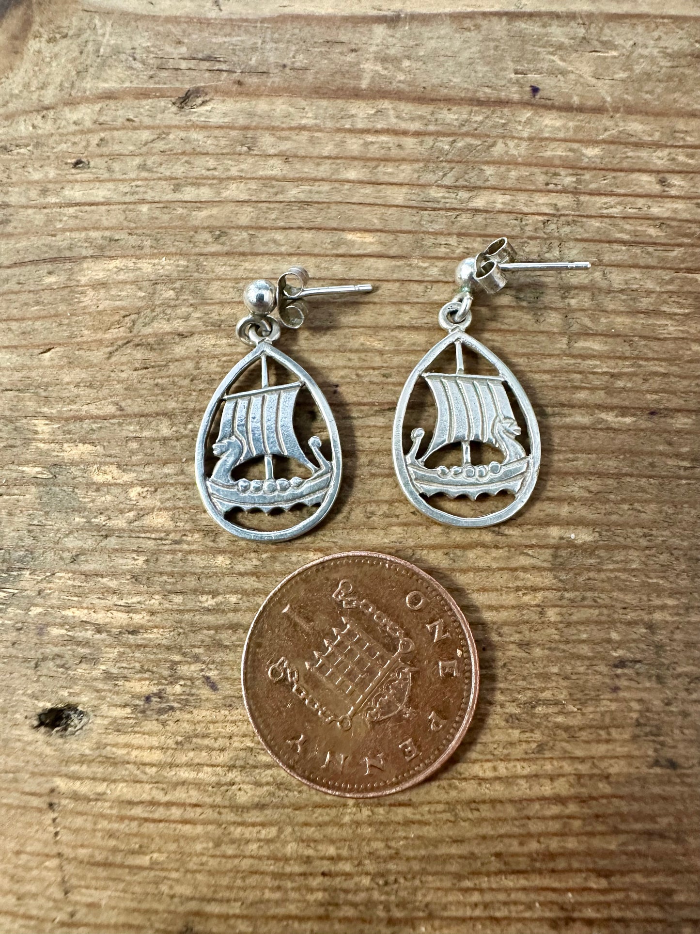 Vintage Viking Ship 925 Silver Earrings