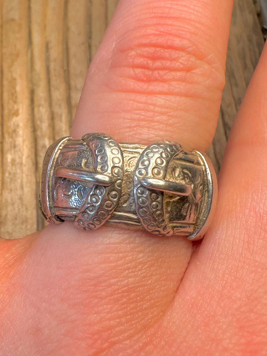 Double Buckle Engraved Solid 925 Sterling Silver Size T Ring