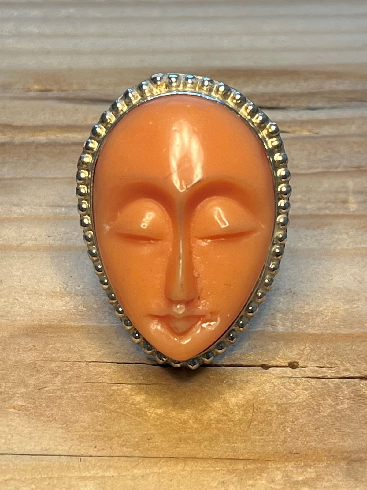 Moon Face Carved Peach Colour  925 Sterling Silver Size R Ring