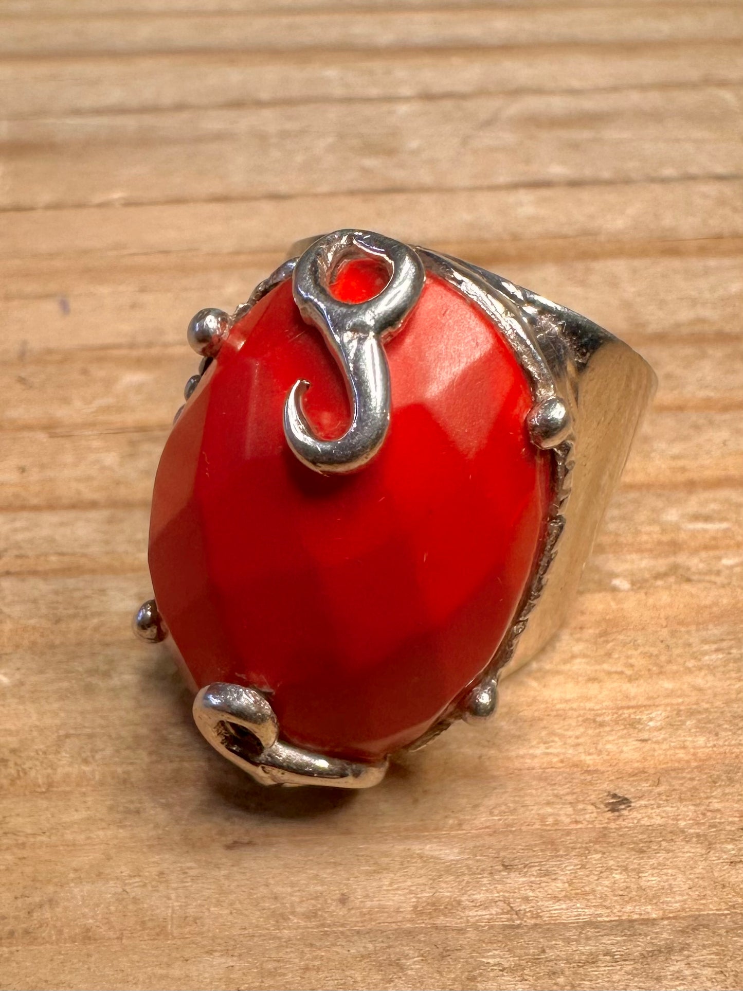 Vintage Faceted Red Stone Boho 925 Sterling Silver Size Q Ring