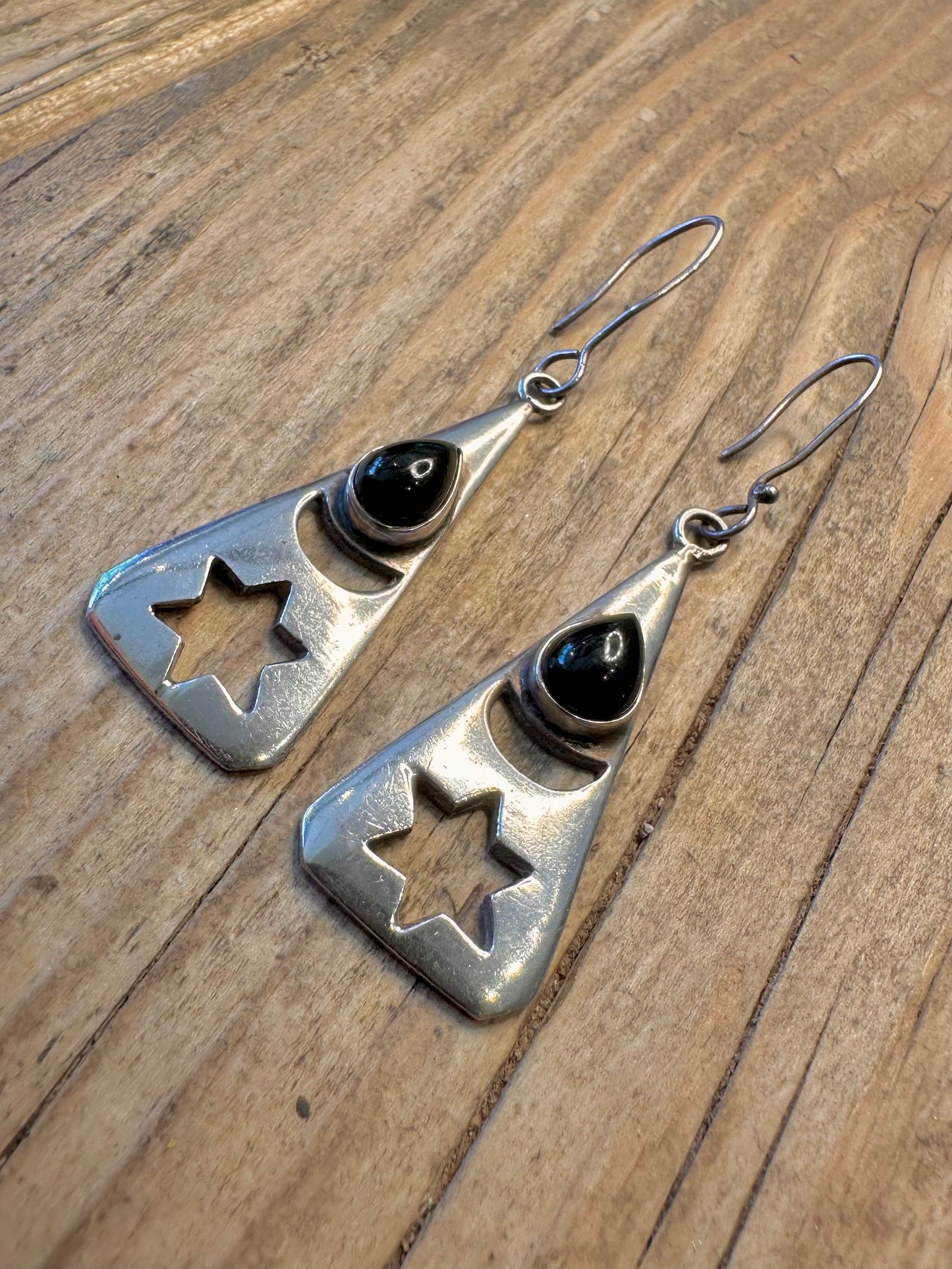 Sterne und Mond Schwarzer Stein Dreieck Hängeohrringe 925 Sterlingsilber