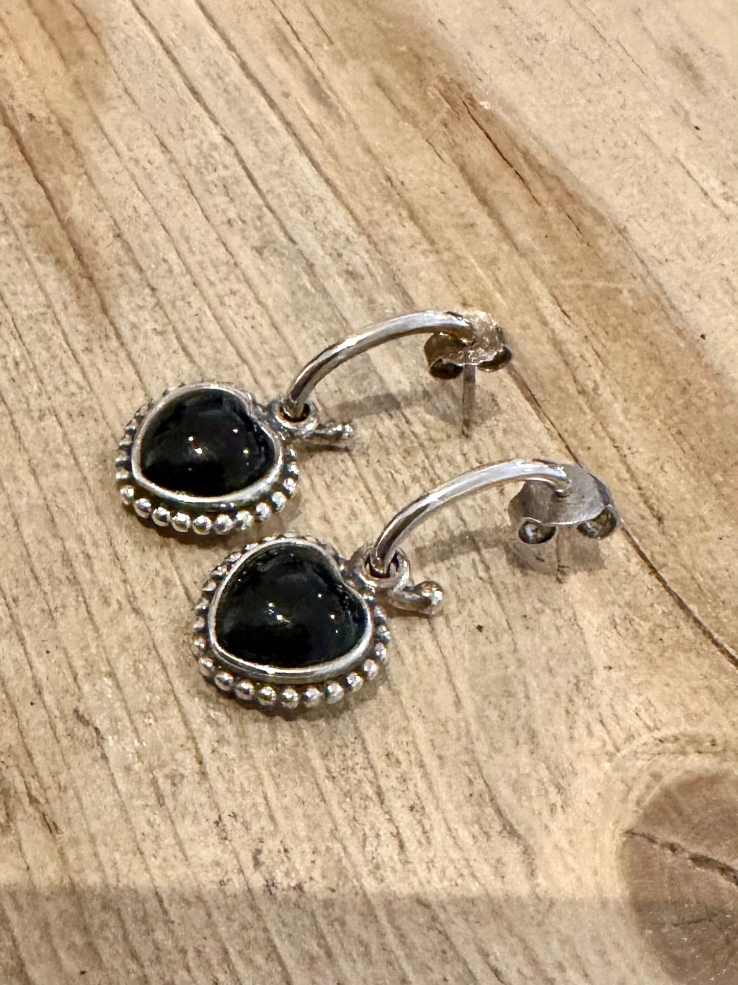 Vintage PANDORA Black Heart 925 Silver Earrings