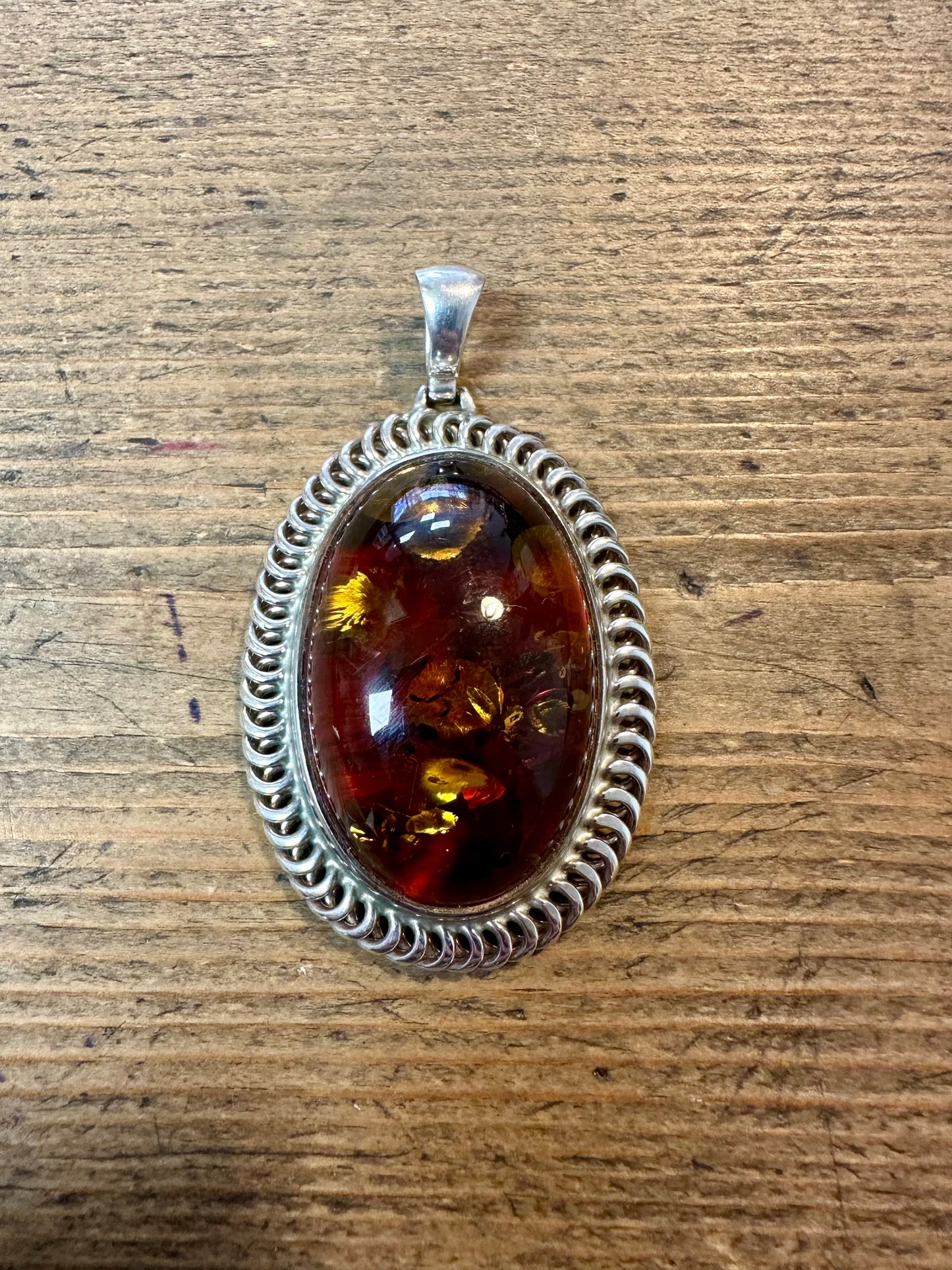 Vintage Oval Large Amber 925 Silver Pendant