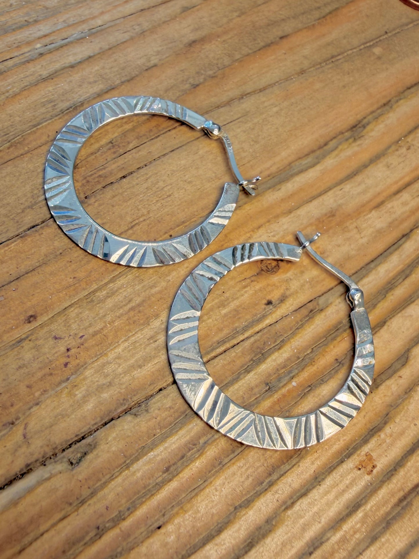 Textured Flat Hoops 925 Sterling Silver Earrings