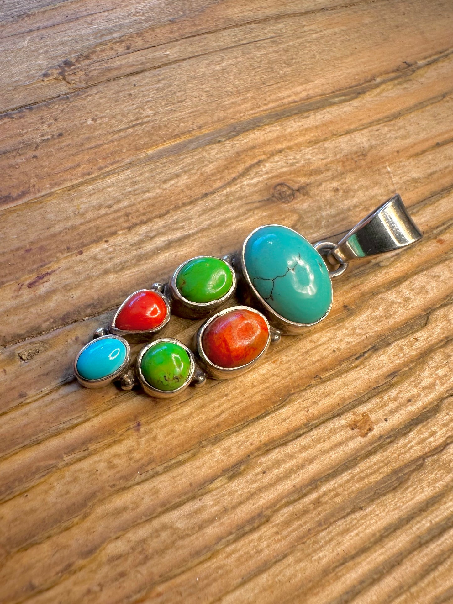 Turquoise and Coral Cluster 925 Sterling Silver Pendant