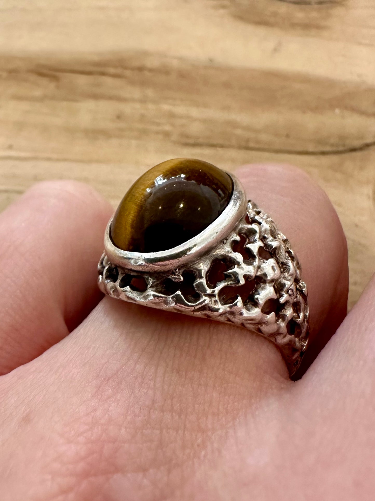 Vintage Tigers Eye Textured 925 Silver Size S1/2 Ring