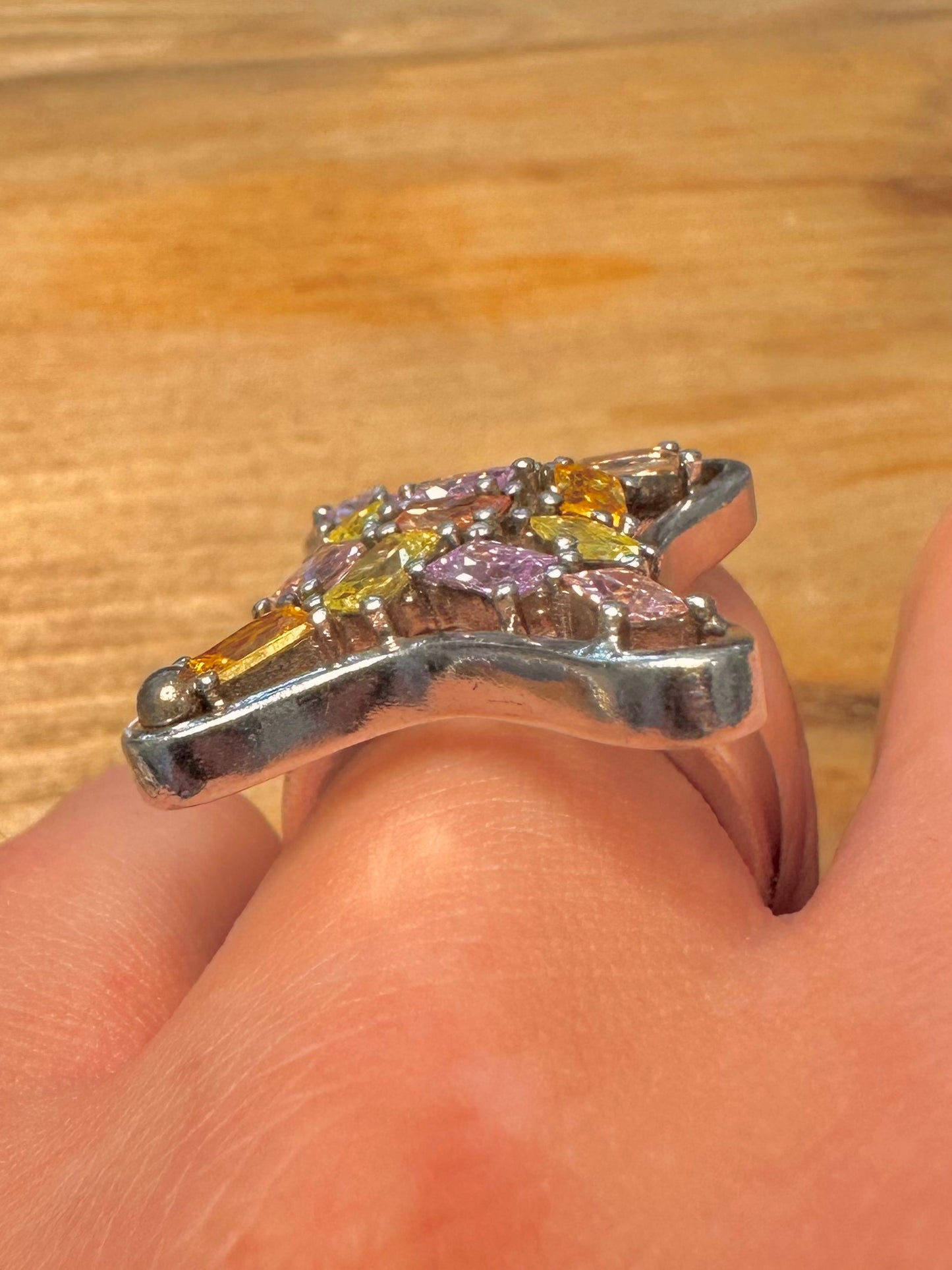 Abstract Multi Coloured Stones 925 Silver Size O1/2 Ring