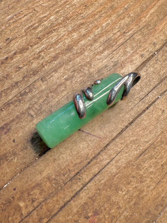 Green Jade Cylinder with Swirl 925 Sterling Silver Pendant