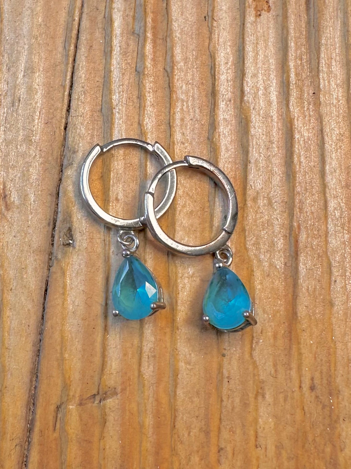 Blue Stone Dangle Hoops 925 Sterling Silver Earrings