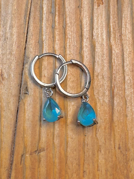 Blue Stone Dangle Hoops 925 Sterling Silver Earrings