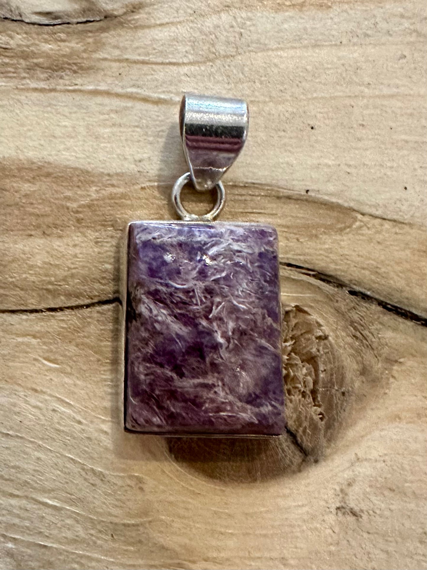 Vintage Charoite Purple Rectangle 925 Silver Pendant