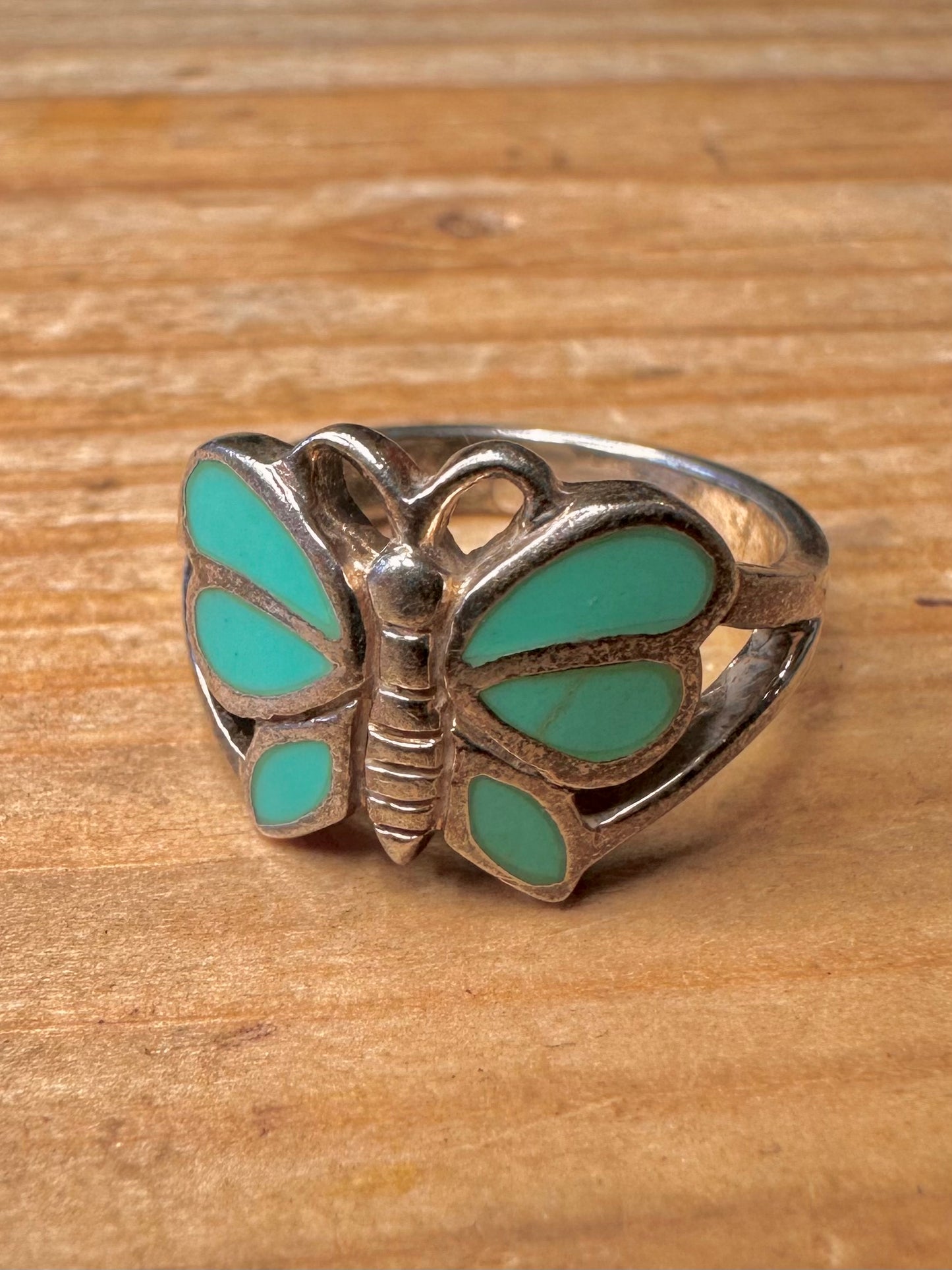 Vintage Butterfly Turquoise 925 Sterling Silver Size O1/2 Ring