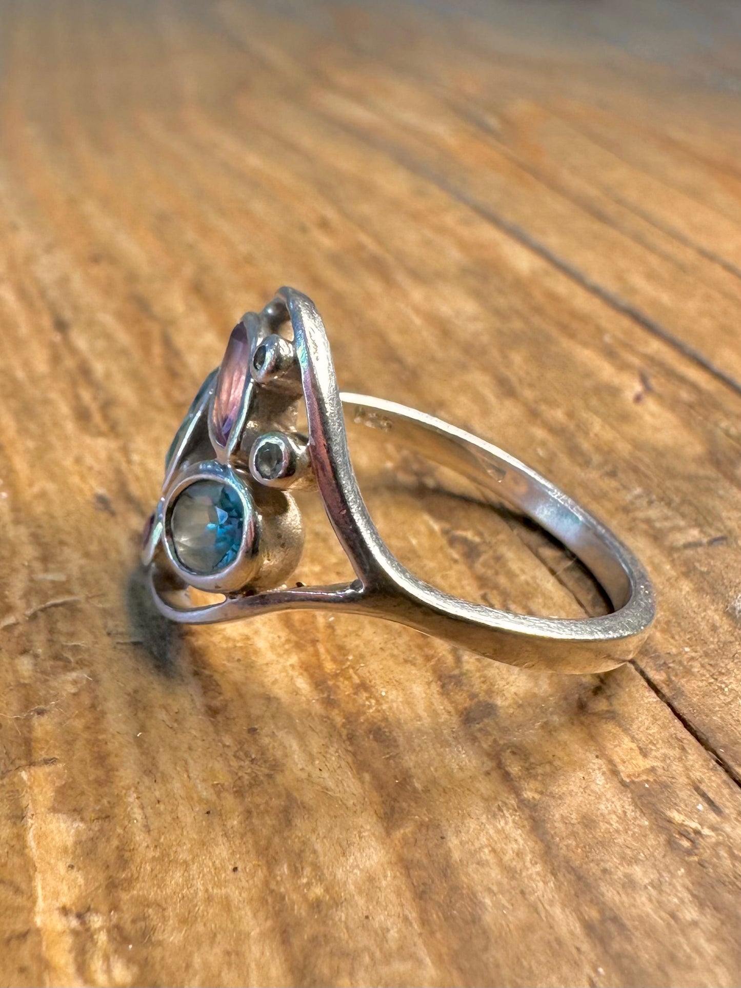 Abstrakter Multi-Edelstein 925 Sterling Silber Ring Größe L