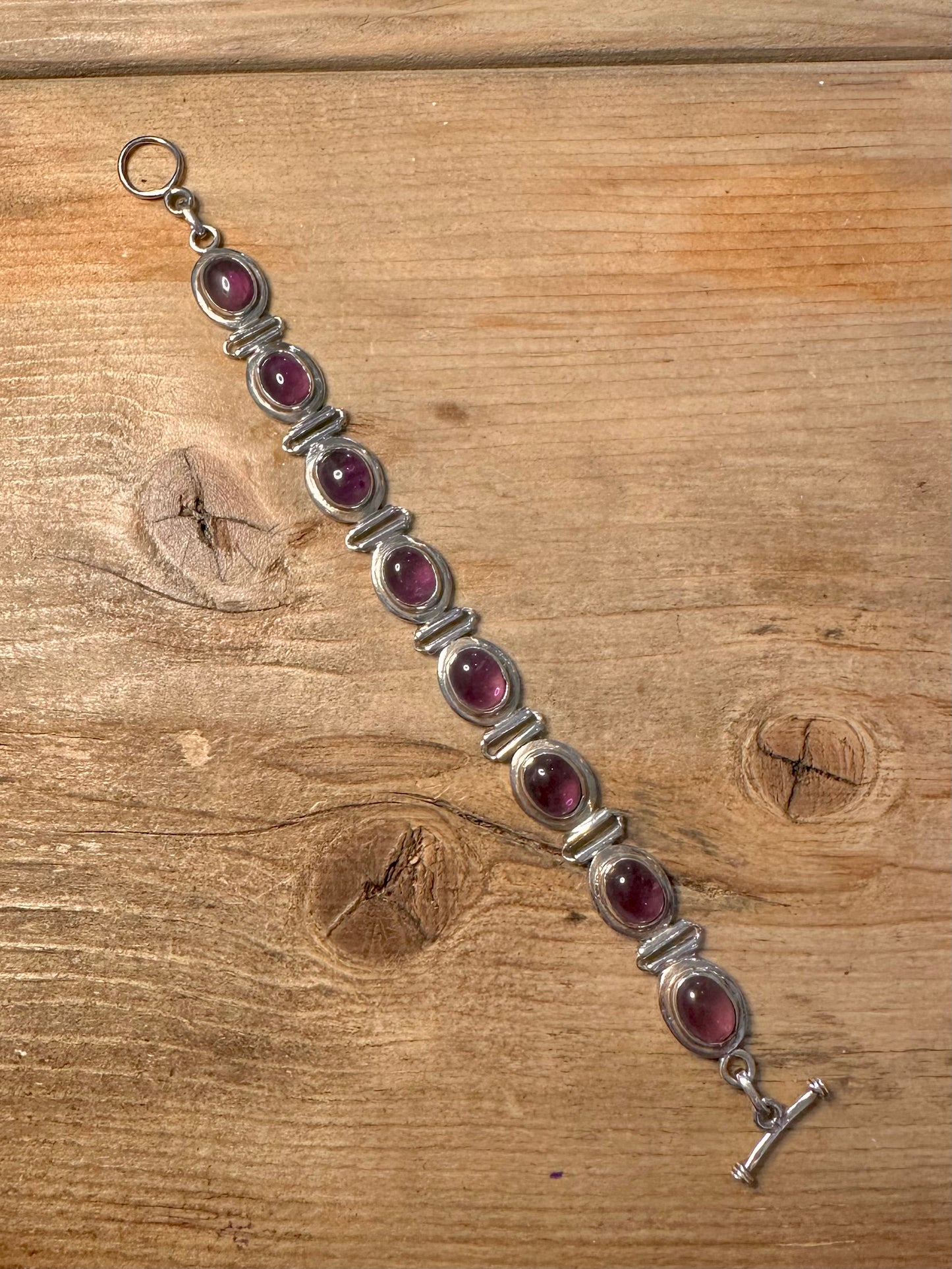 Vintage Amethyst Oval Link T Bar Clasp 925 Silver 6.8 inch Bracelet