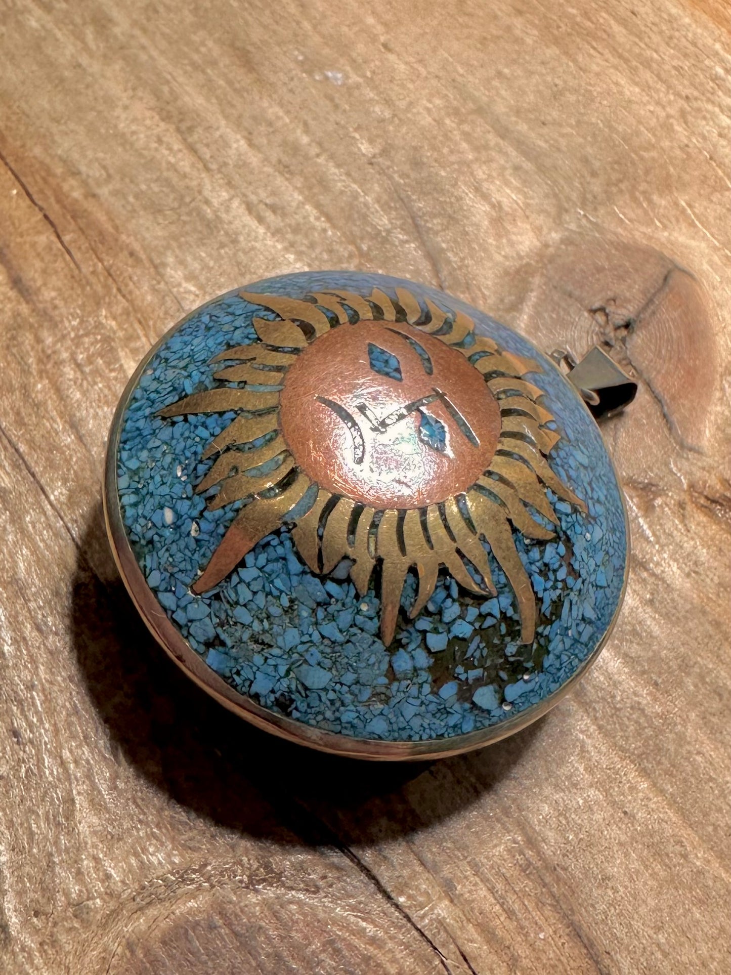 Vintage Double Sided Bronze Art MFTLES Mexico Turquoise Inlay 925 Silver Pendant