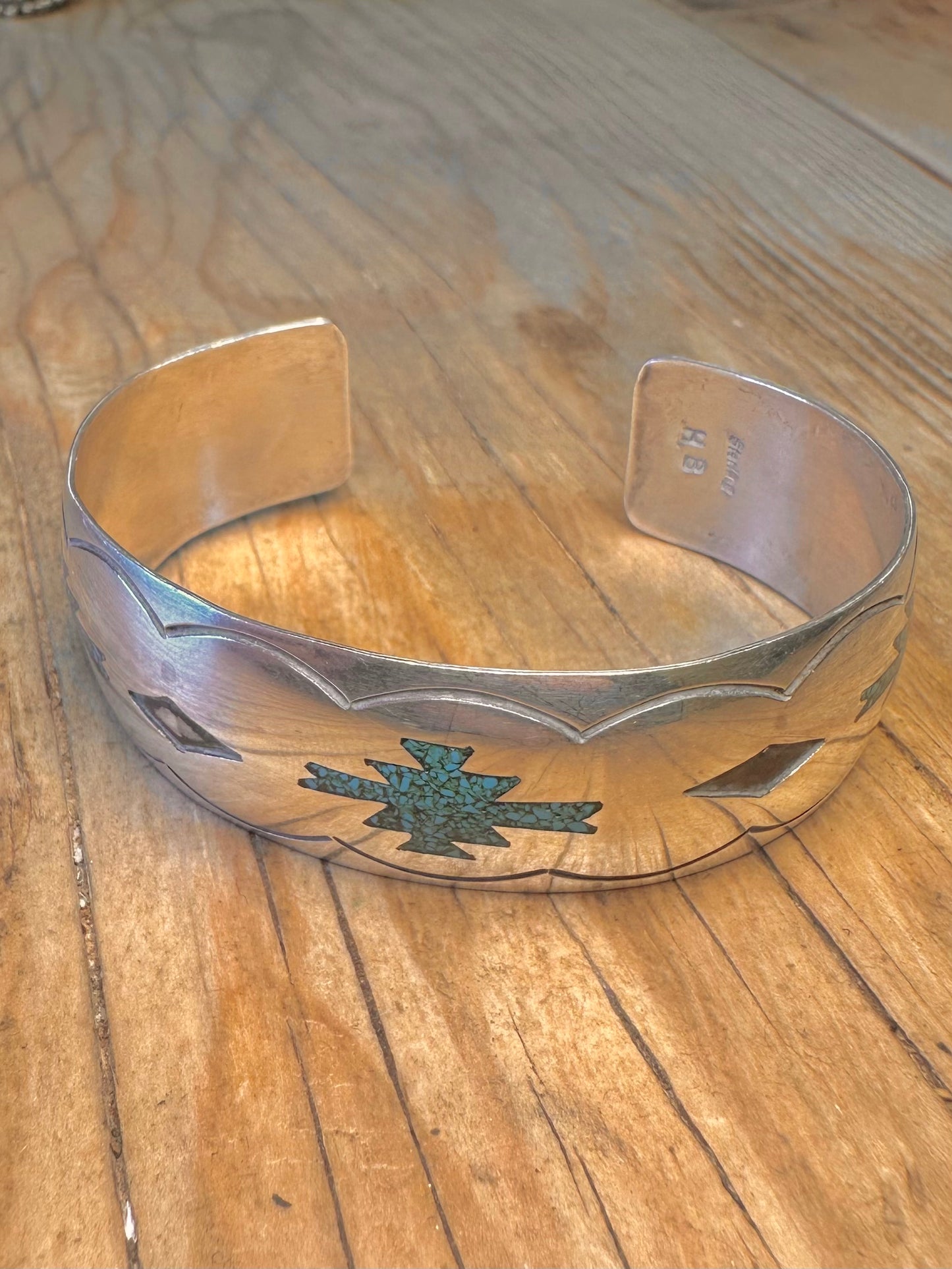 Vintage Navajo Maker HB Turquoise Inlay Cuff 925 Sterling Silver Bangle