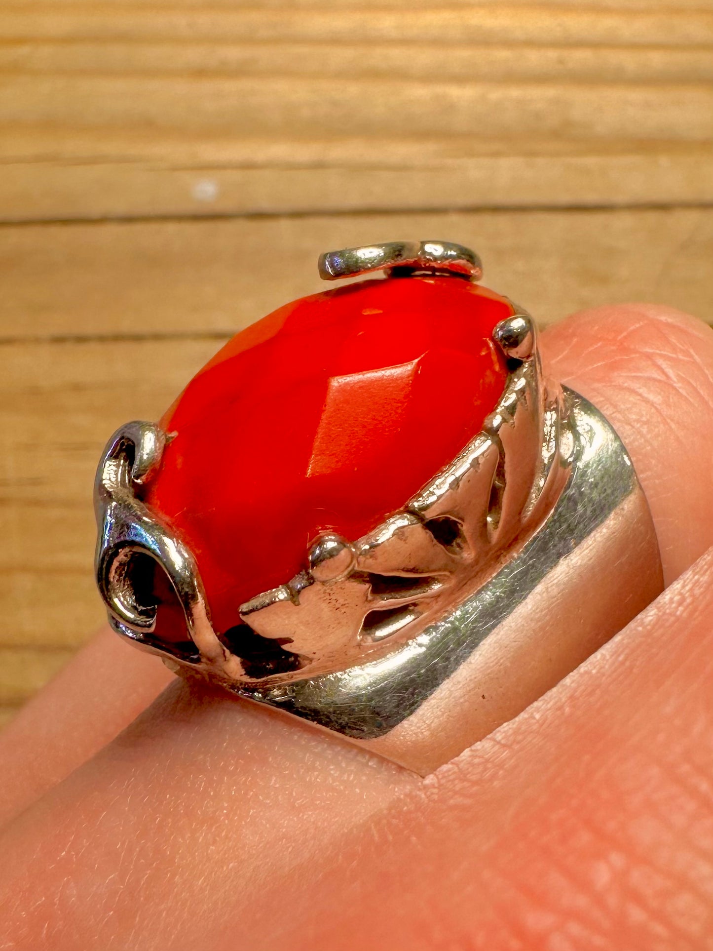 Vintage Faceted Red Stone Boho 925 Sterling Silver Size Q Ring