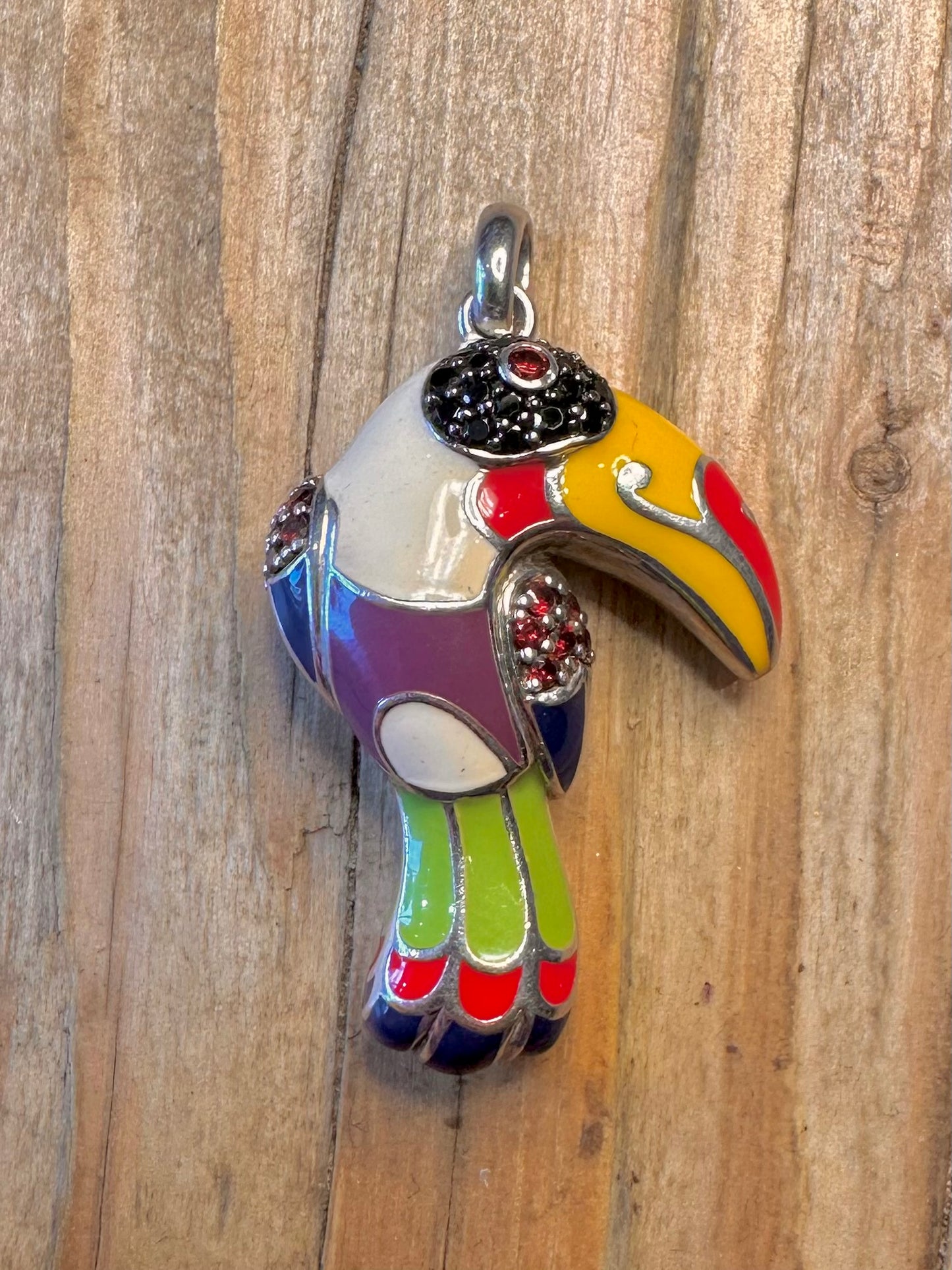 Toucan Eine Geschichte Emaille Schwarz und Rot Steine 925 Sterling Silber Anhänger