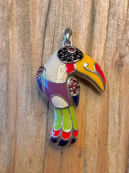 Toucan Eine Geschichte Emaille Schwarz und Rot Steine 925 Sterling Silber Anhänger