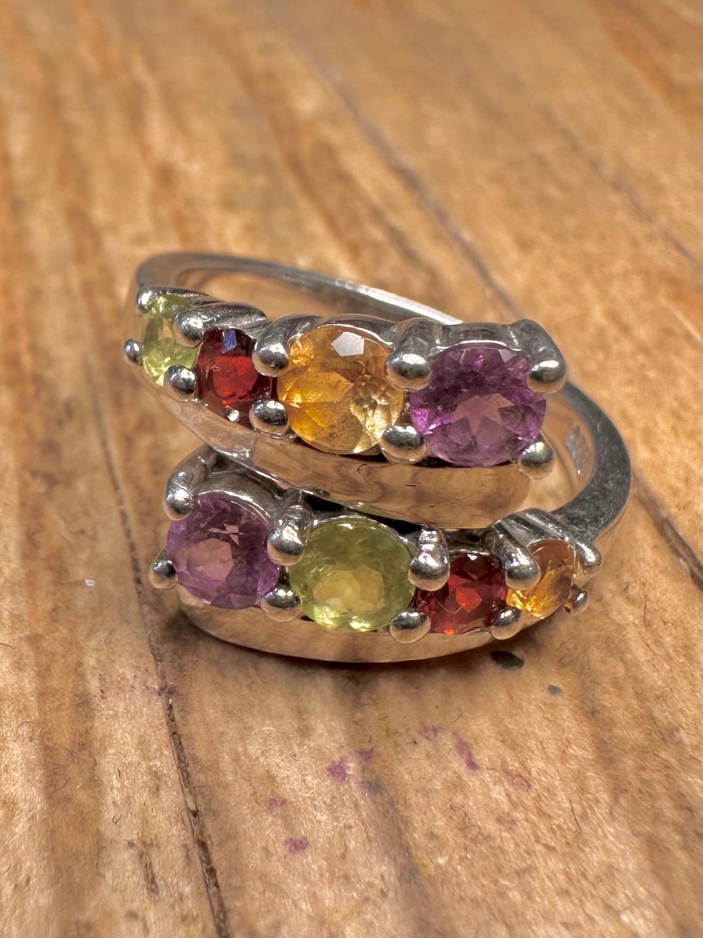 Moderner Multi-Edelstein überlappender 925 Sterling Silber Ring Größe N1/2