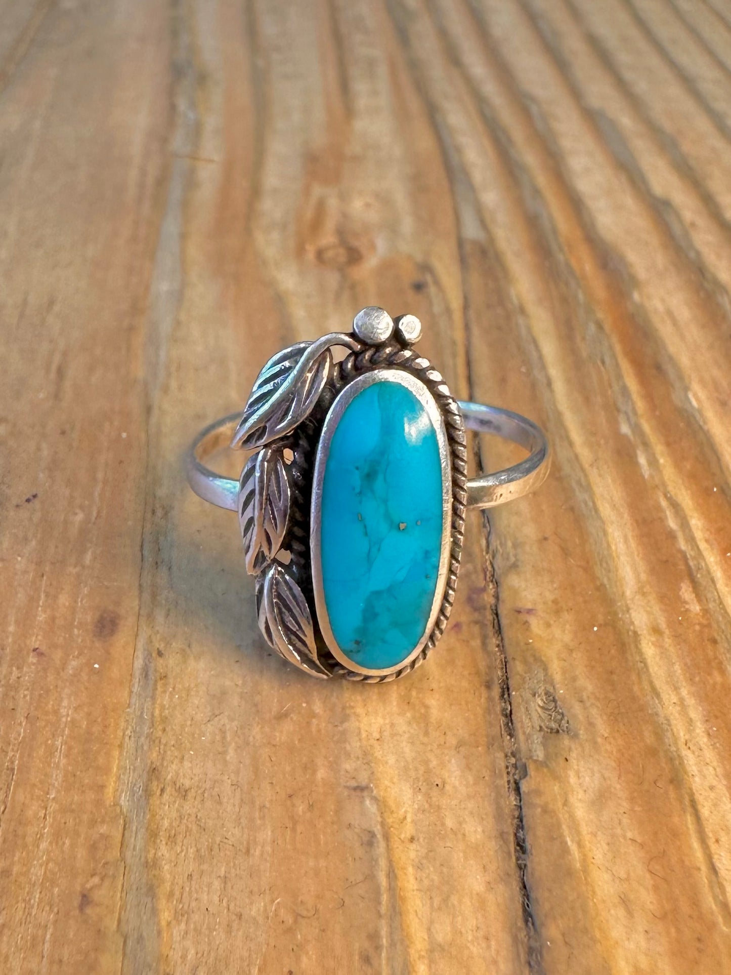 Navajo Style Turquoise Leaf 925 Sterling Silver Size N Ring