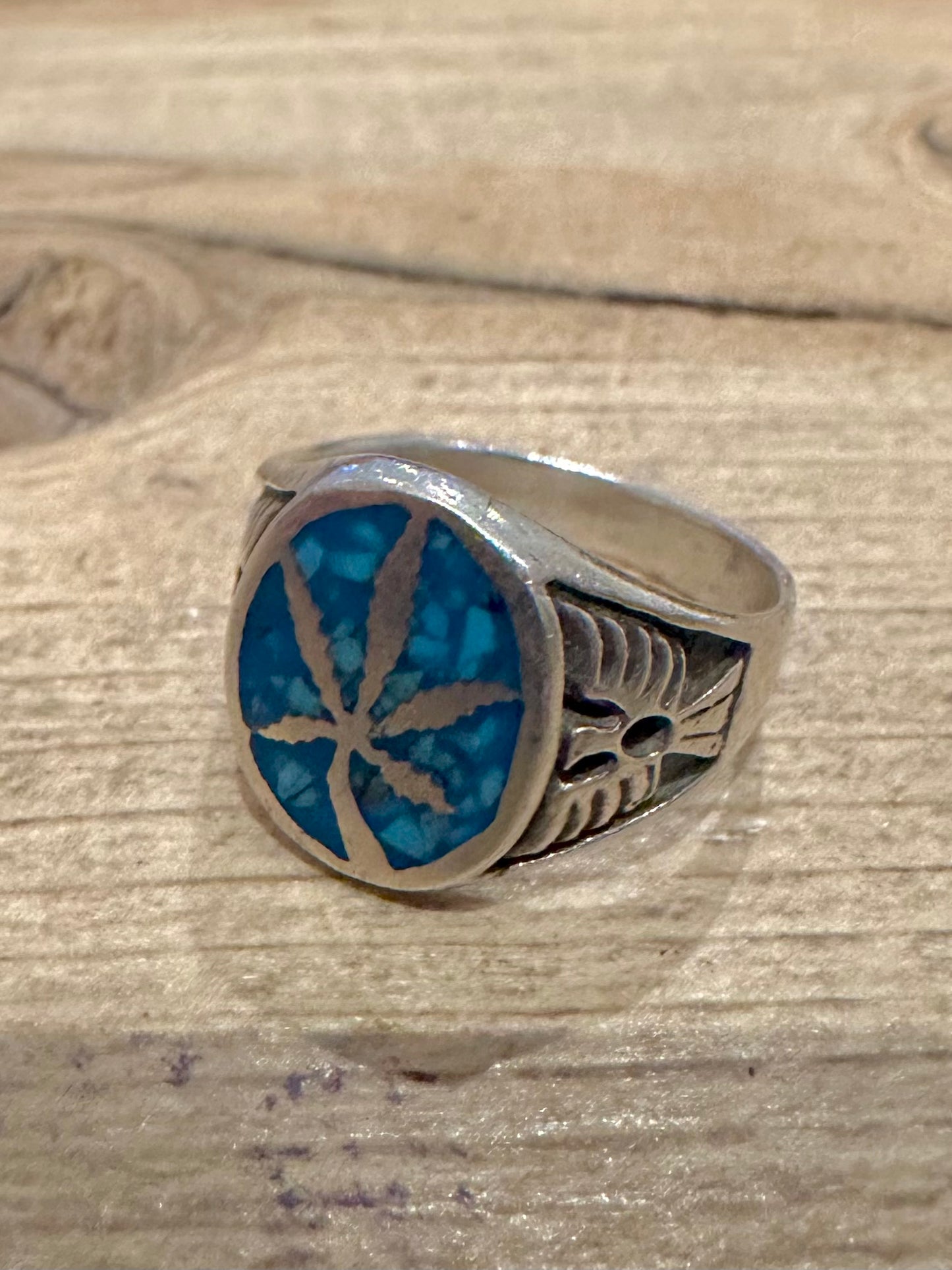 Vintage Crush Turquoise Inlay Navajo Weed 925 Silver Size P Ring