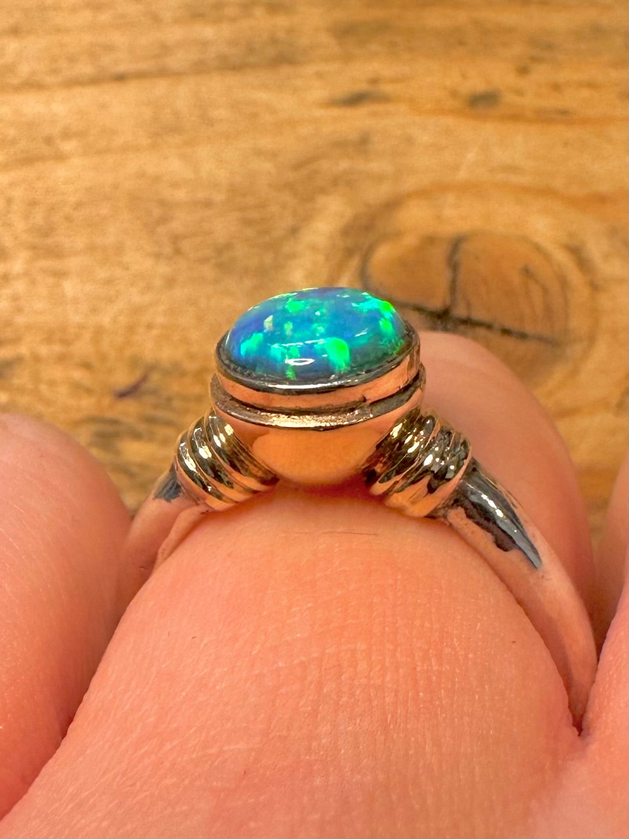 Modernist Opal Gold and 925 Silver Size Q Ring