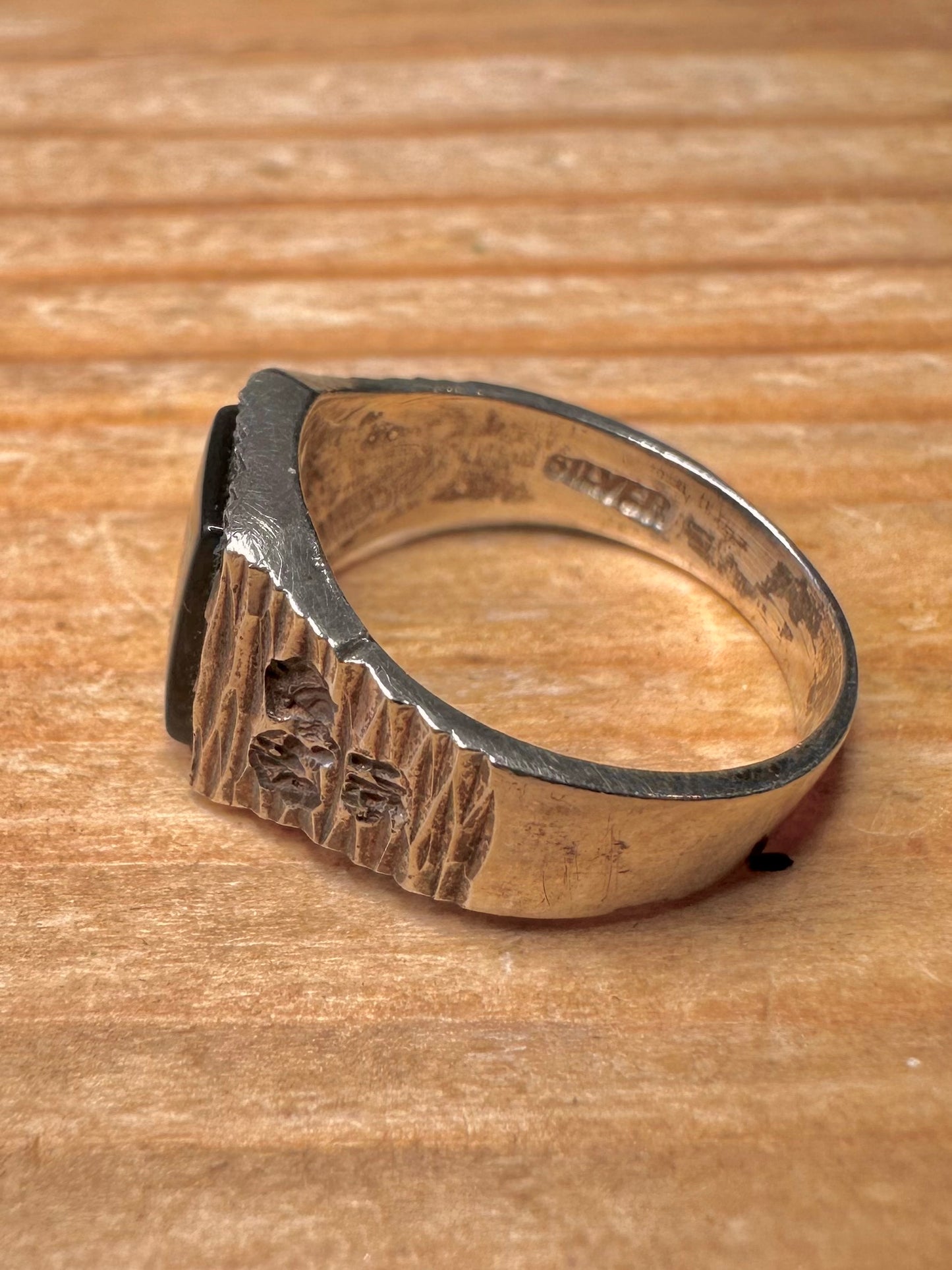 Vintage Onyx Textured Signet 925 Sterling Silver Size K Ring