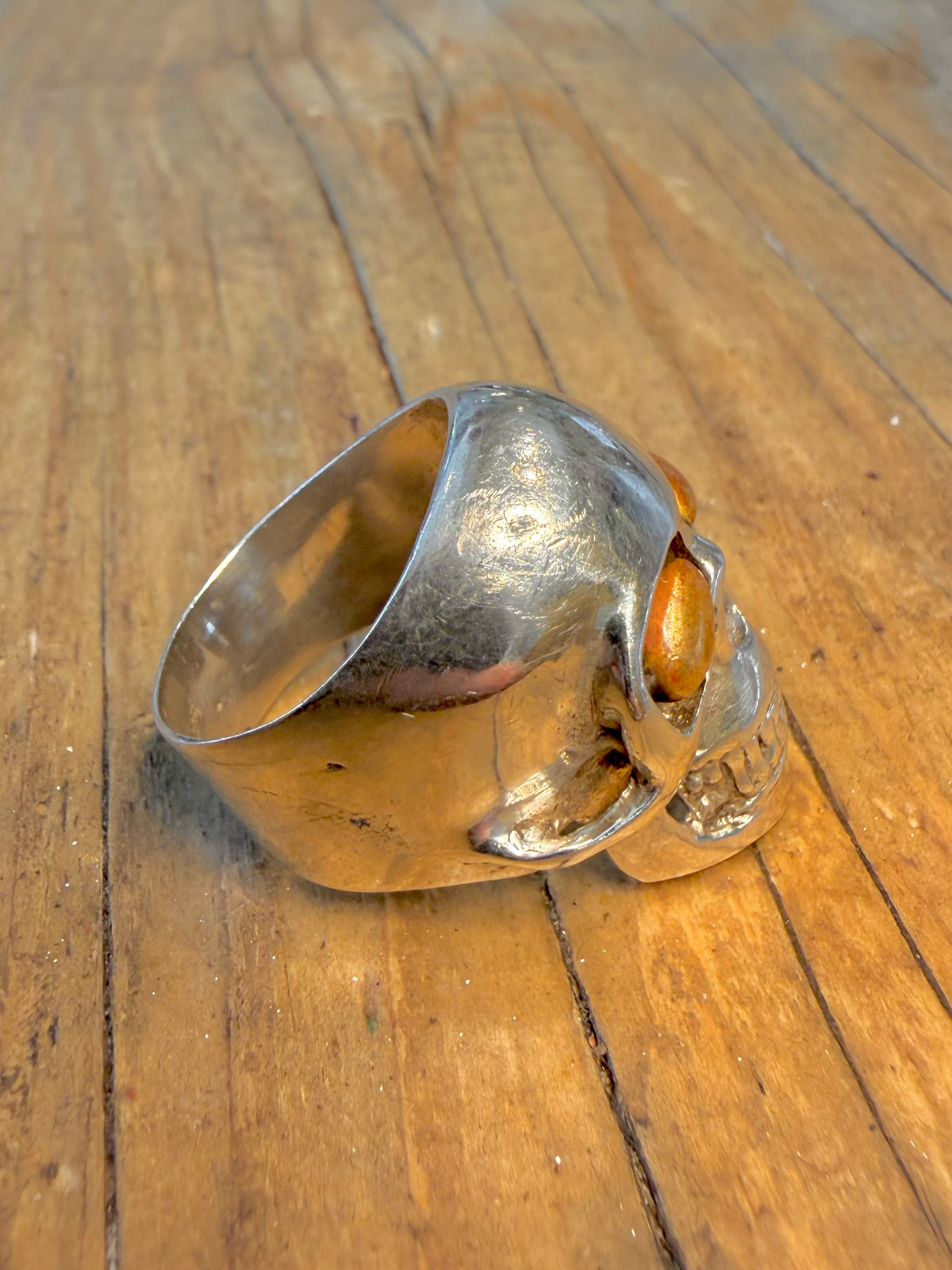Large Skull Head with Golden Eyes 925 Sterling Silver Size P1/2 Ring