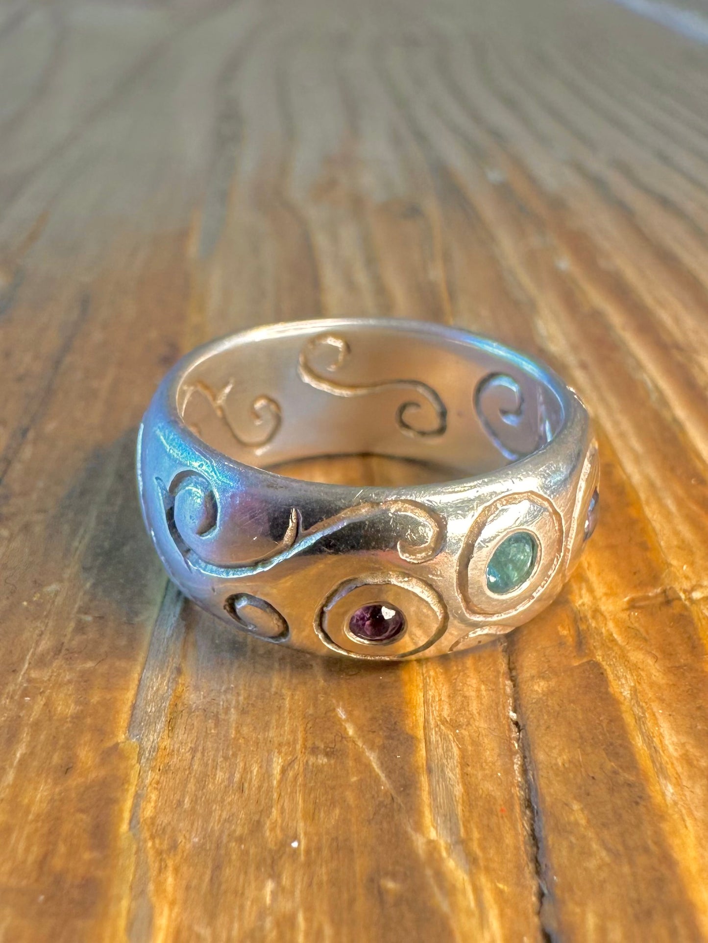 Dower and Hall 2007 Multi Gemstone Swirl Design Band 925 Sterling Silver Size