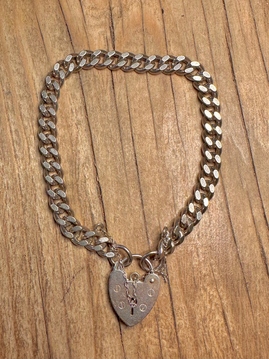 Vintage Heart Padlock Curb Chain 925 Sterling Silver 7 inch Bracelet