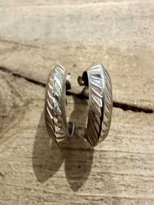 Vintage Textured Half Hoops 925 Silver Earrings