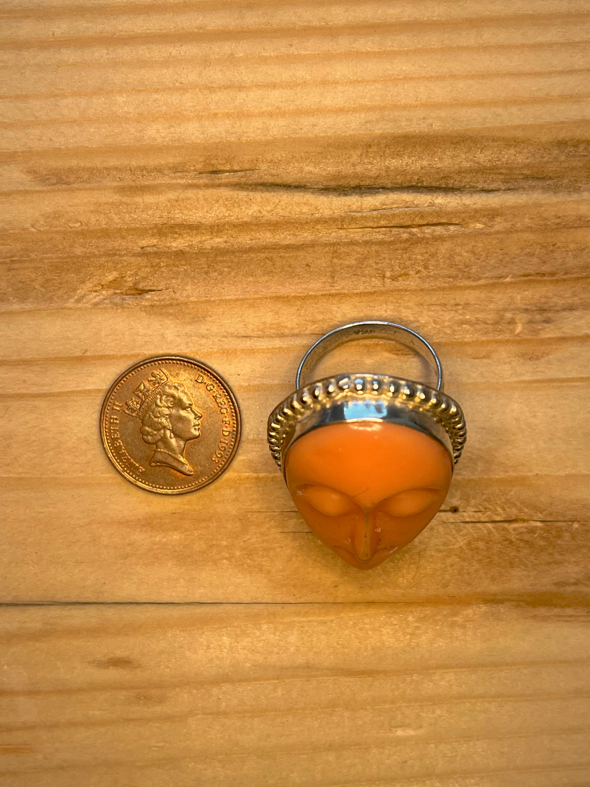 Moon Face Carved Peach Colour  925 Sterling Silver Size R Ring