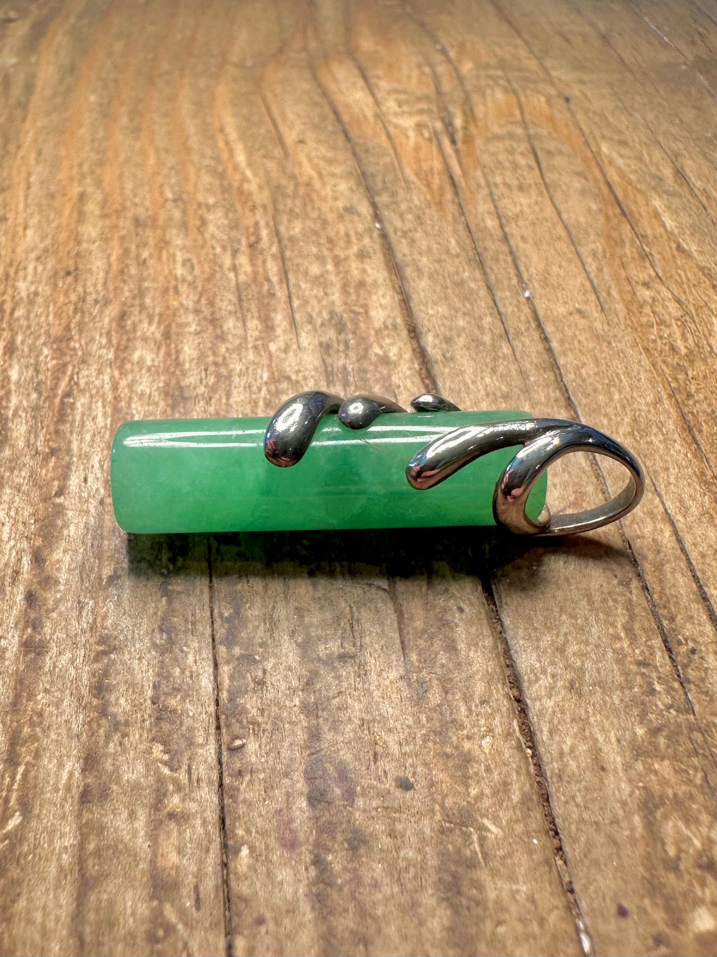 Green Jade Cylinder with Swirl 925 Sterling Silver Pendant