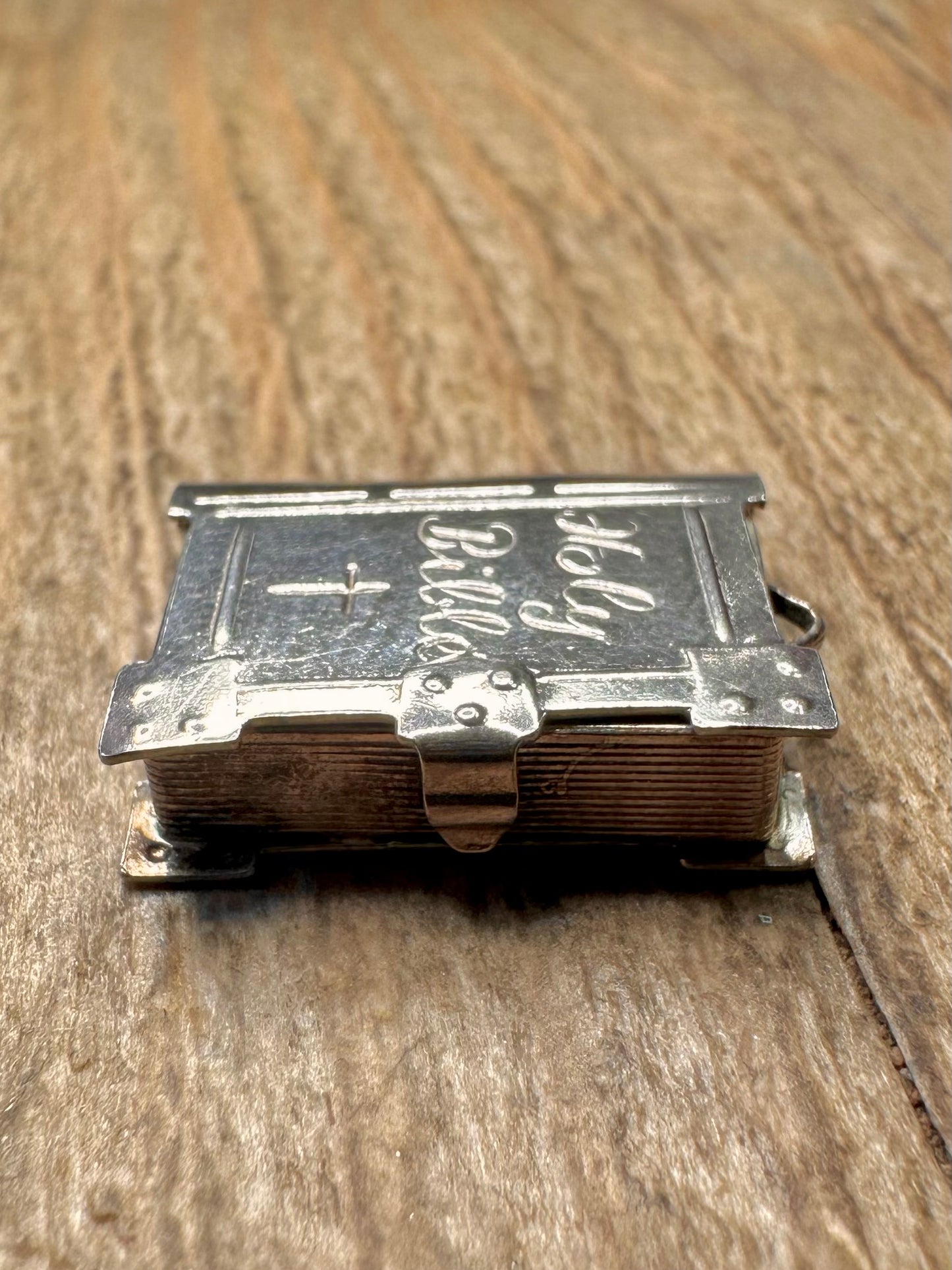 Vintage Holy Bible Book with Paper 925 Sterling Silver Charm Pendant