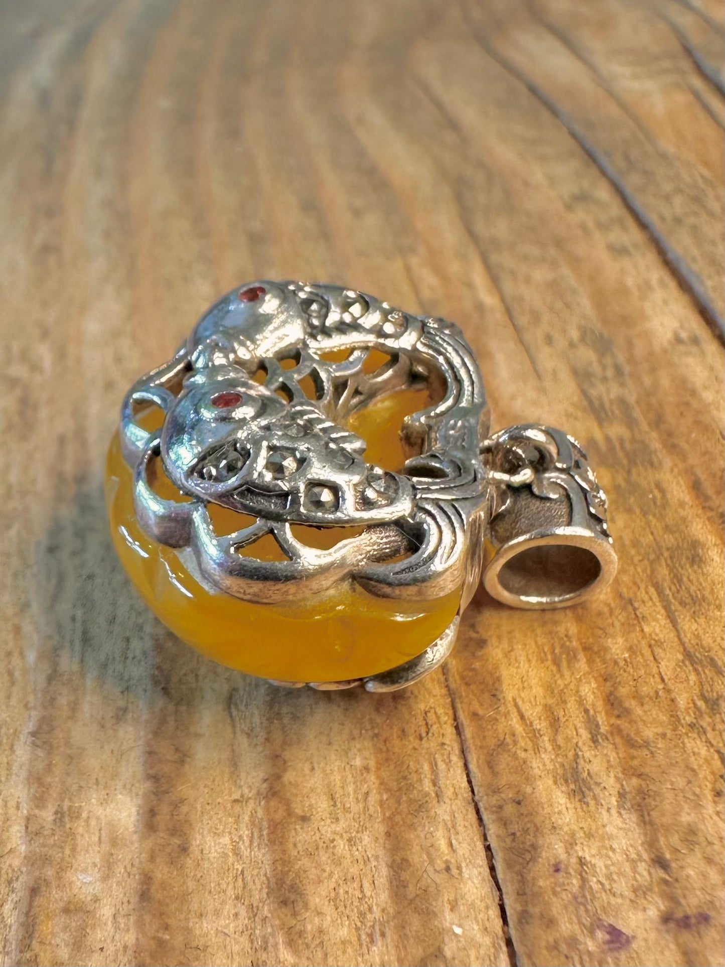 Fish with Red Eyes Yellow Stone 925 Sterling Silver Pendant
