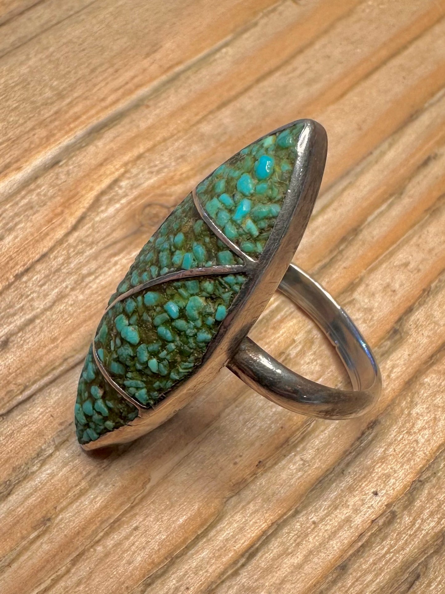 Vintage Turquoise Chip Elongated 925 Sterling Silver Size N1/2 Ring
