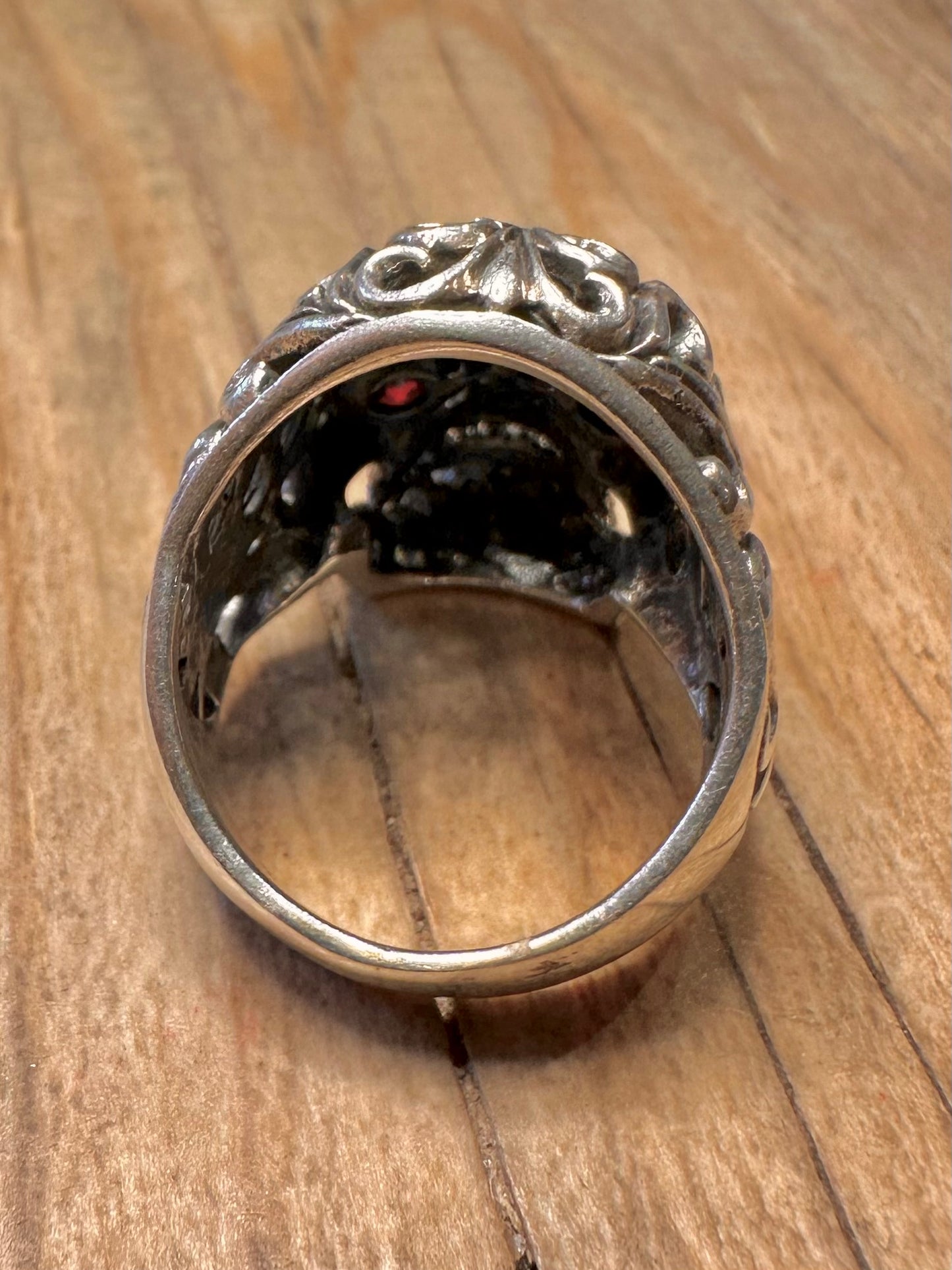 Vintage Skull Filigree Red Stone Eyes 925 Sterling Silver Size P Ring