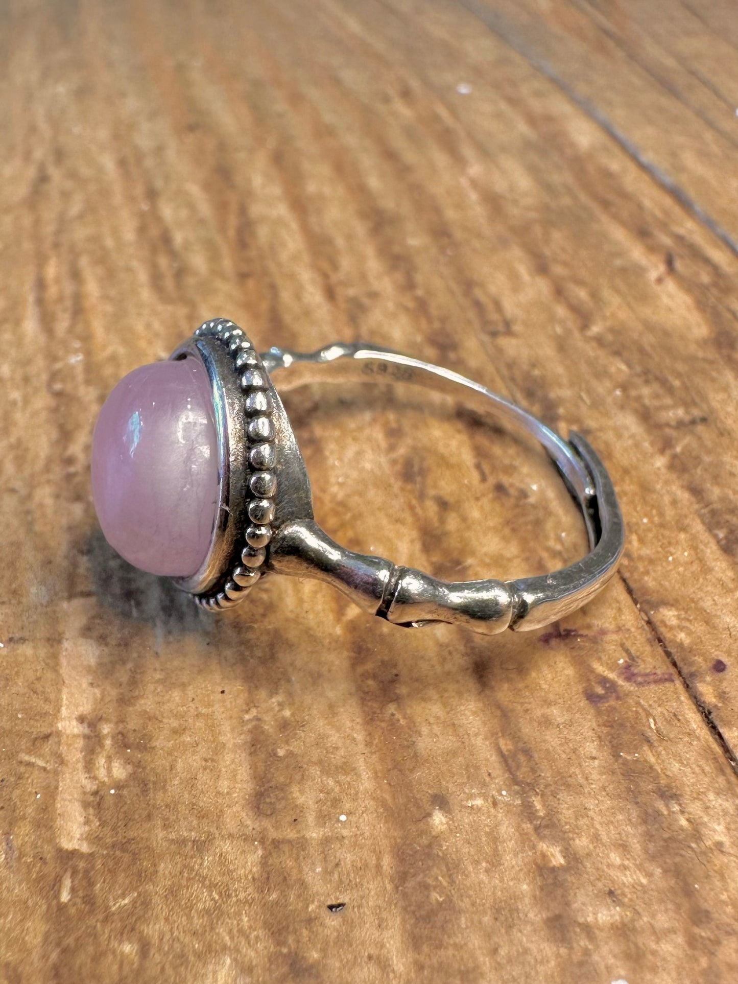 Rose Quarts Bamboo Style Adjustable 925 Sterling Silver Size R Ring