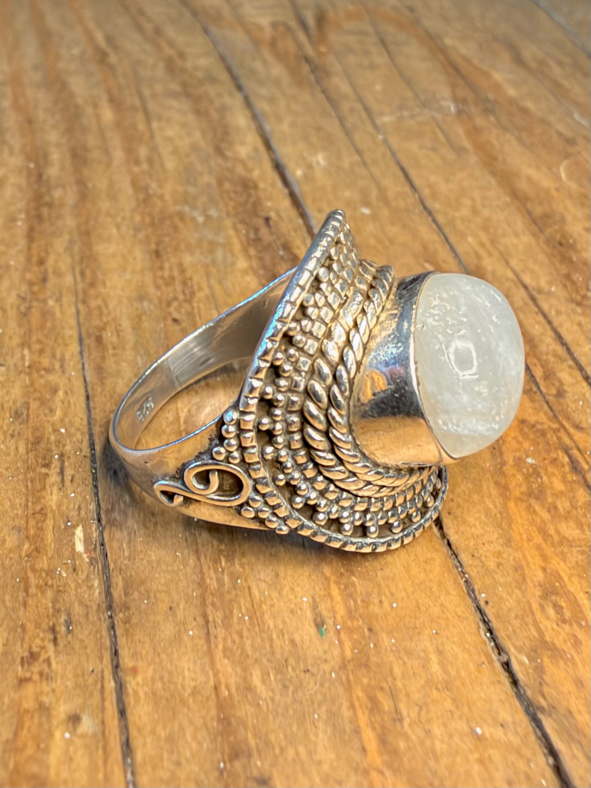 Rainbow Moonstone Braided Textured 925 Sterling Silver Size N Ring