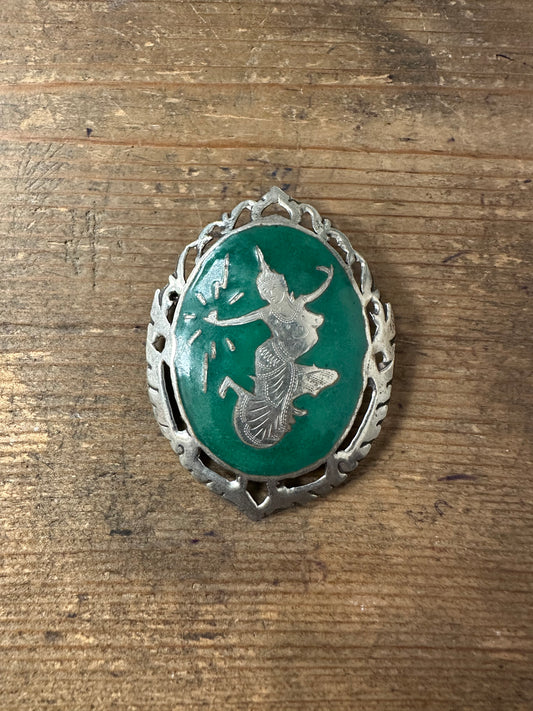 Vintage Siam Green Enamel Siam 925 Sterling Brooch