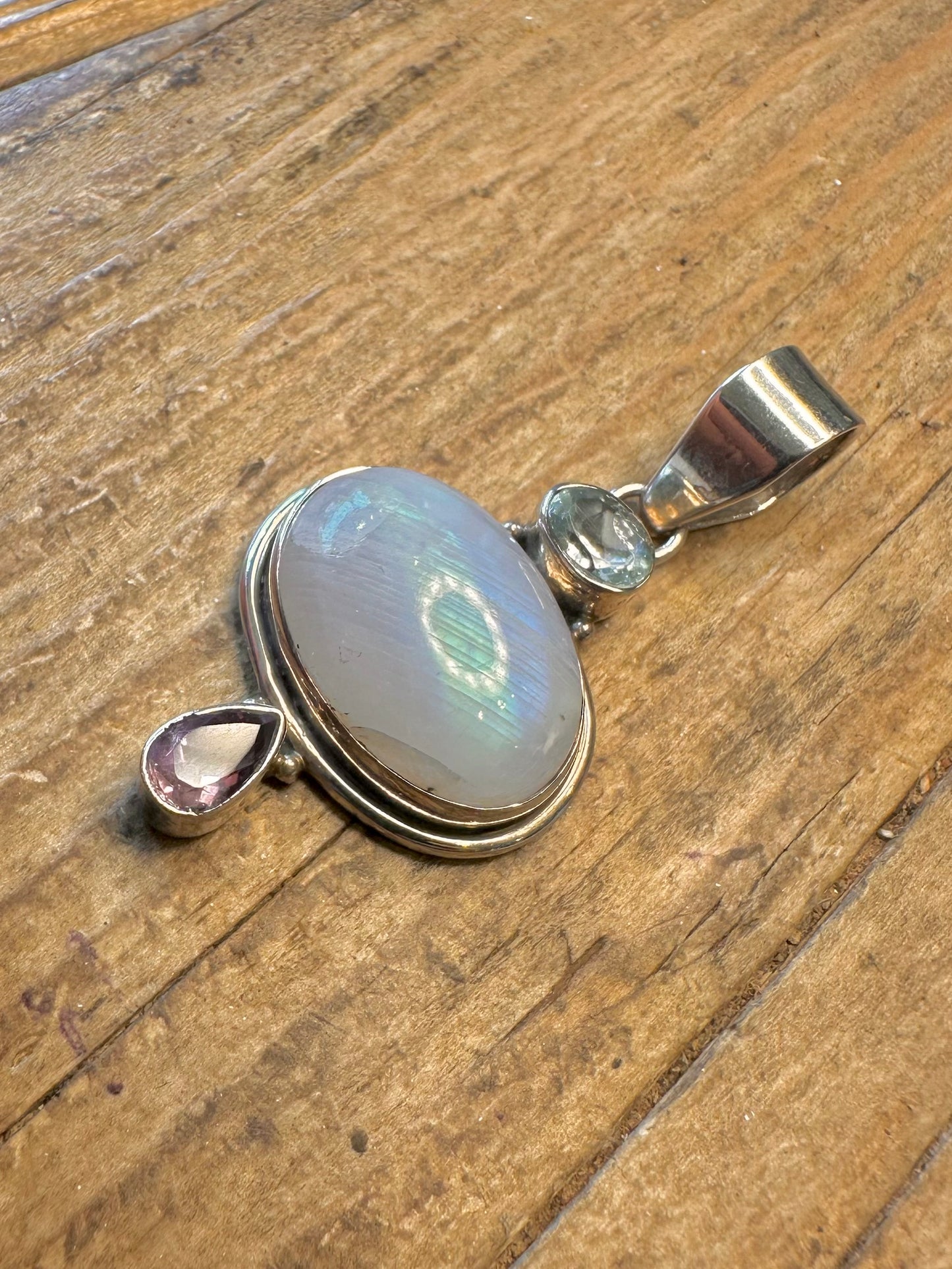Vibrant Rainbow Moonstone Blue Topaz Amethyst 925 Sterling Silver Pendant