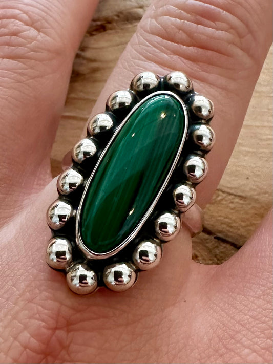 Vintage Long Malachite Tribal 925 Silver Size T Ring