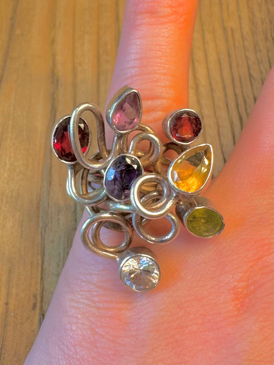 Multi Gemstone Wired Coil Design 925 Sterling Silver Size N Ring