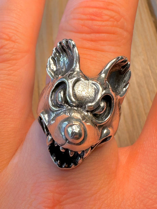 Vintage Scary Mouse Head 925 Sterling Silver Size S1/2 Ring