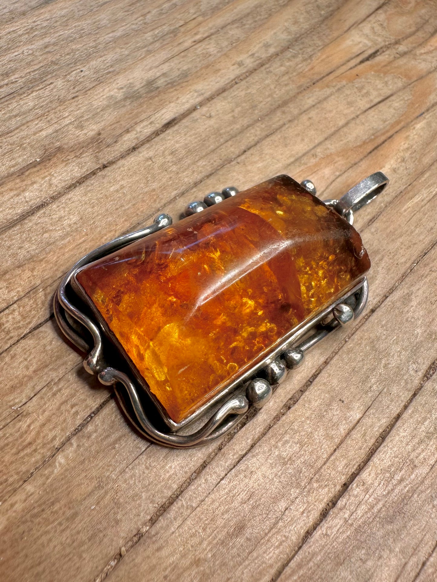 Vintage Large Rectangle Amber 925 Sterling Silver Pendant