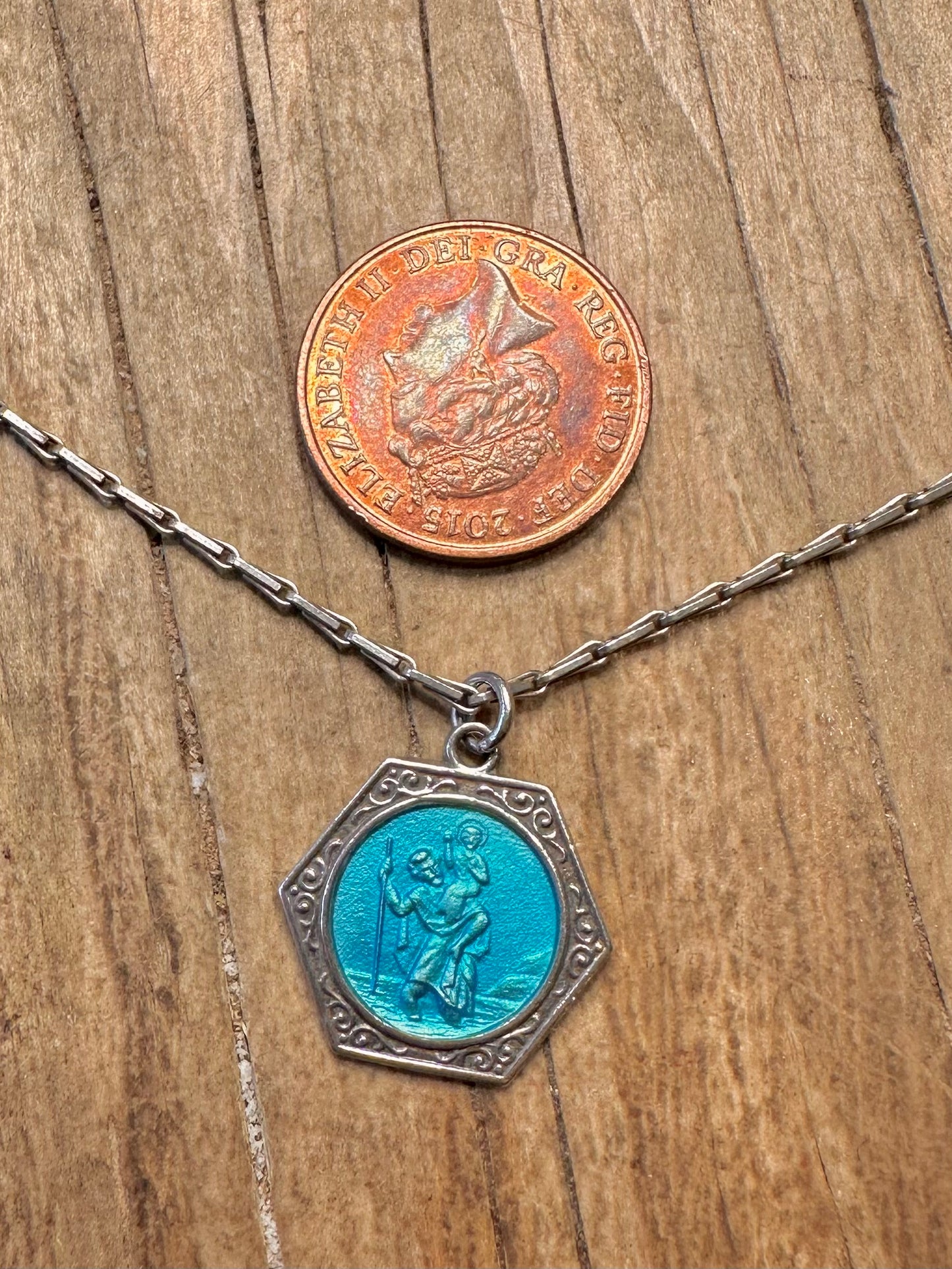 Vintage Georg Jensen Ltd Enamel St Christopher and Bar Unique Chain 925 Sterling Silver 17.5 inch Necklace