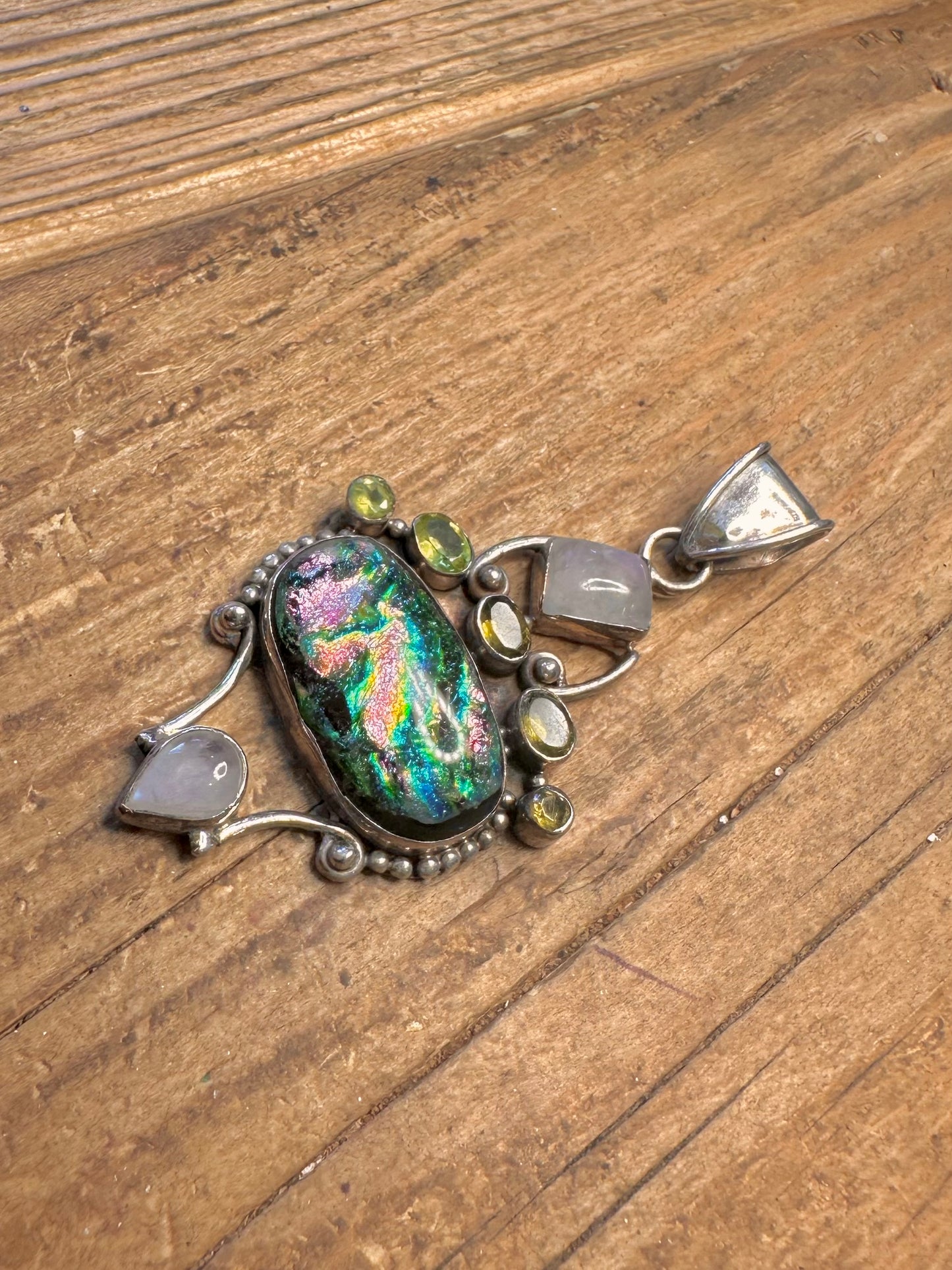 Moonstone Peridot and Dichroic Glass 925 Sterling Silver Pendant