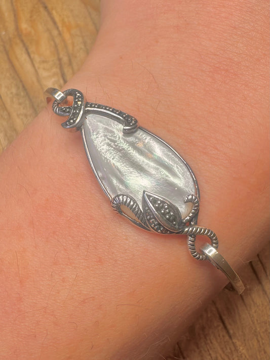 Vintage Mother of Pearl and Marcasite 925 Sterling Silver Bangle