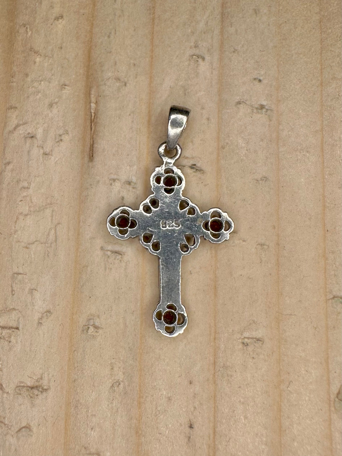 Floral Cross Garnet 925 Sterling Silver Pendant